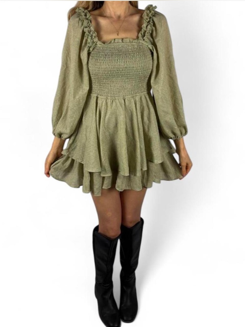 Soft light sage Green ruffled romper dress with ruffles tiered lace up open back